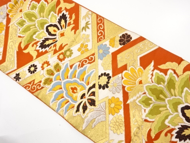 アンティーク　松皮菱に花更紗模様織り出し袋帯（着用可）